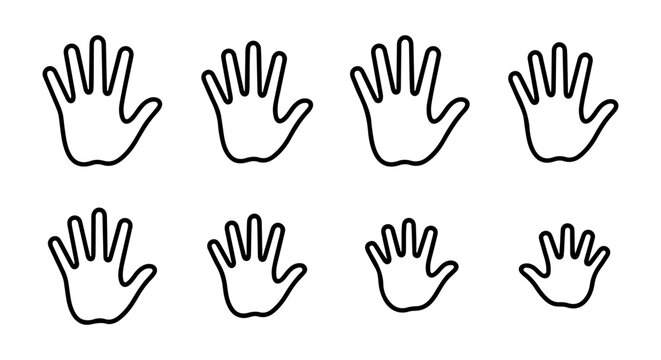Set of 8 Hand Icons, Outline Palm Symbols, Vector Graphics for Size and Scale