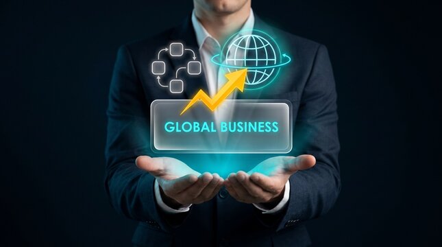 Businessman Extends Cupped Hands to Present Global Business Growth, Display World Globe Icon, Show Rising Arrow Trend, Connect Network Nodes, and Expand International Market