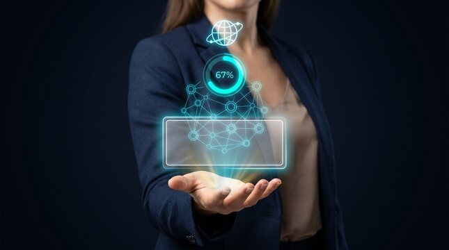 Businesswoman Extends Open Palm to Present Global Network Progress, Display World Globe Icon, Connect Data Nodes, Track Completion Percentage, and Expand International Connection