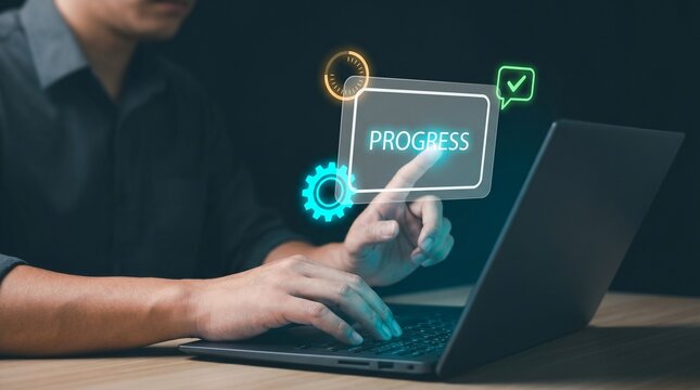 Businessman Types on Laptop and Touches Panel to Track Project Progress, Display Settings Gear Icon, Confirm Approval Check, Loading Status Ring, and Manage Workflow Completion