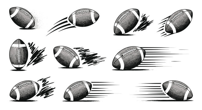 Detailed black and white sketch collection featuring multiple American pigskins in various flight trajectories and orientations for graphic design and editorial layouts.