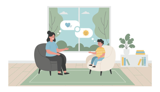 Female child psychologist talking to a young boy in a comfortable therapy office during a play counseling session.