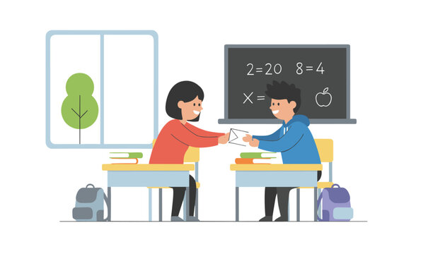 Cute school children sitting at their classroom desks while a girl secretly passes a letter to a boy during a lesson at school.