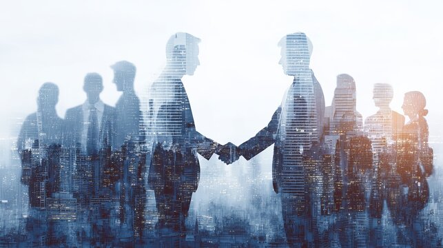 Double exposure business team meeting with city partnership success