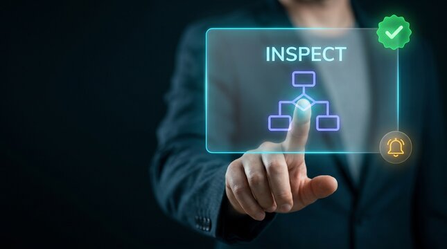 Businessman Touches Glowing Panel to Manage Inspection Workflow, Display Process Flowchart, Confirm Approval Badge, Trigger Notification Bell, and Track Quality Assessment Status