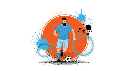 Obraz premium Bearded male athlete dribbling a spherical object within a vibrant orange circular backdrop, accented by expressive blue paint splatters and intricate geometric line patterns.