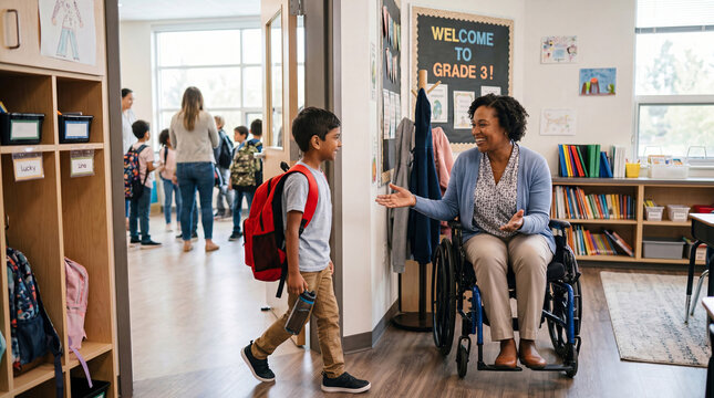 Supportive teacher in a wheelchair welcoming a young student arriving at the classroom on the first day of school