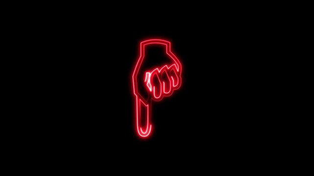 Glowing red neon hand pointing down animation on black background.