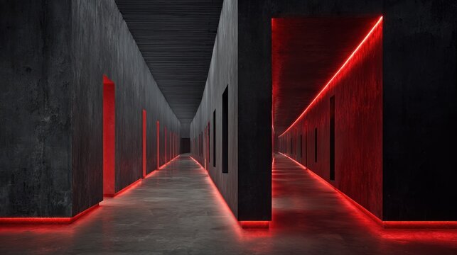 Long corridor features dark concrete walls illuminated by vibrant linear red light accents