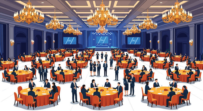 Grand banquet hall featuring numerous round tables with gold chandeliers and people dining for corporate event and gala celebration concepts.