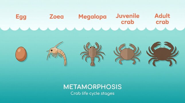 A horizontal educational infographic illustrating the metamorphosis and life cycle stages of a crab, from egg to zoea, megalopa, juvenile, and adult crab against an underwater background.