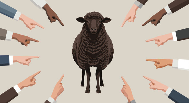 Black sheep standing in the center surrounded by pointing hands from various people in a social judgment or exclusion concept.