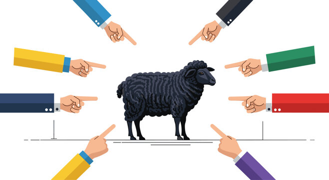 Metaphorical illustration of social exclusion or judgment where a unique individual is singled out by many pointing fingers in a discriminatory concept.
