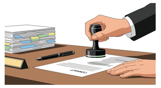 Official verification stamp marking a legal agreement on a wooden desk surface near a stack of paperwork files for corporate authentication and validation tasks.