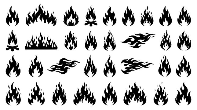 Collection of Various Stylized Black Fire Flame Icon Silhouettes for Graphic Design