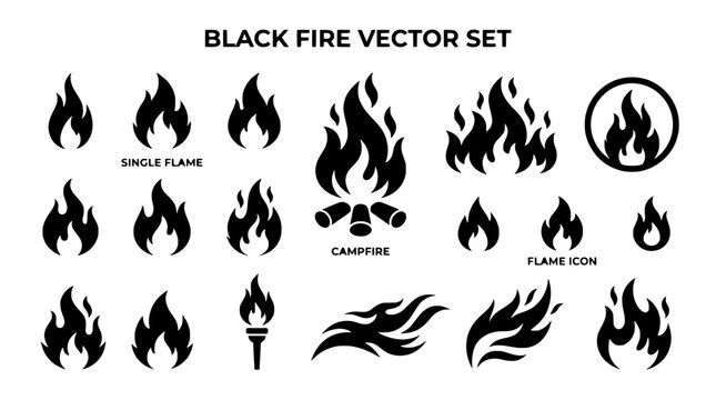 Collection of Black Flame and Fire Silhouettes for Graphic Design