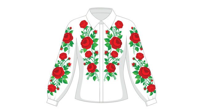 White button-up shirt decorated with intricate red rose embroidery patterns on the sleeves and front panels of the garment.