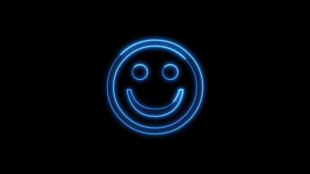 Blue neon smiley face animation with glowing light on black background.