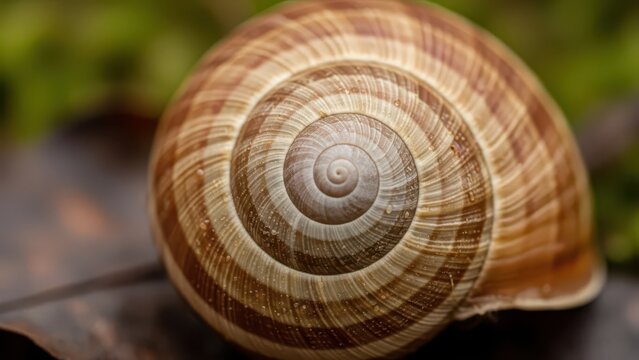 A close-up view of a brown and beige striped snail shell with a prominent spiral pattern.