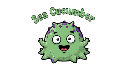 Fototapeta premium A cheerful sea cucumber mascot waves happily on a white background with purple spots.