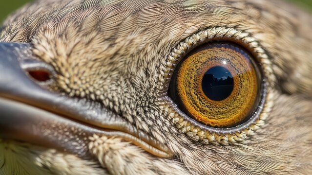 Detailed close-up of a bird's golden eye and textured feathers.