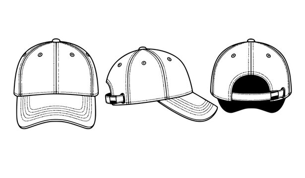 Baseball Cap Mockup Vector Set with Front Side and Back Views Black and White Sports Hat Template