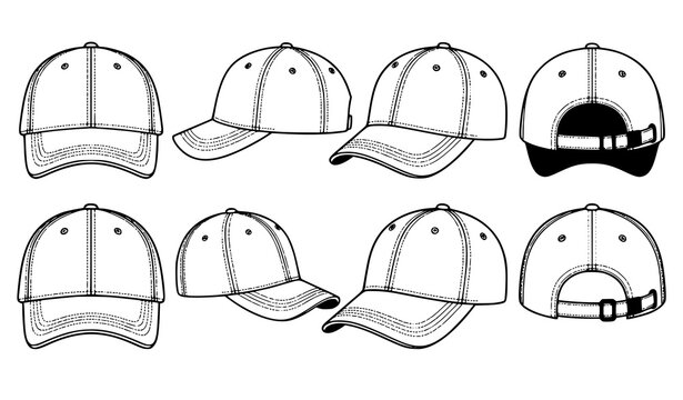 Blank Sports Baseball Cap Vector Mockup Collection with Front Back and Side Hat Views