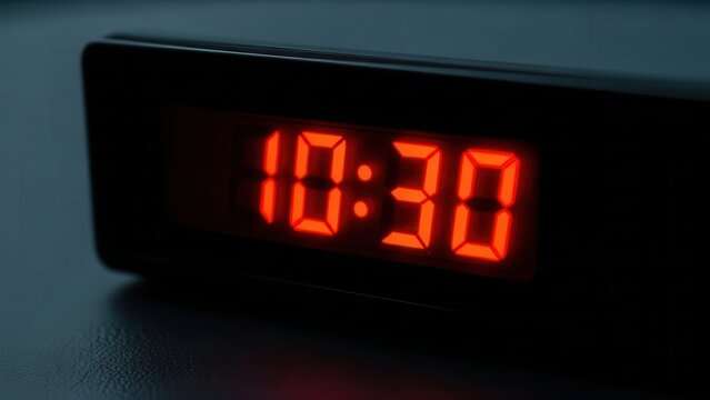 A close-up shot of a digital alarm clock displaying the time 10:30 in bright red LED numbers against a dark, blurred background, indicating a specific moment.