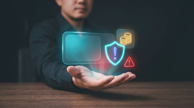 Businessman Extends Open Palm to Present Financial Fraud Warning, Display Security Shield Alert, Show Finance Coins, Trigger Warning Triangle, and Protect Banking Money Account