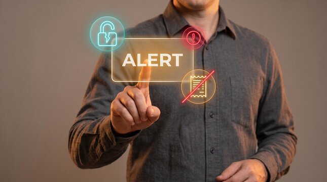 Businessman Touches Glowing Panel to Display Payment Alert, Show Unlocked Padlock Icon, Trigger Warning Notice, Cancel Billing Receipt, and Highlight Banking Security Risk