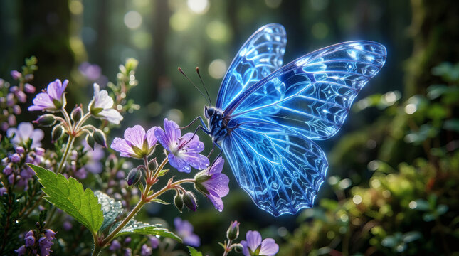 Butterfly with Luminous Sapphire Wings on Purple Flowers for Fantasy Nature Designs