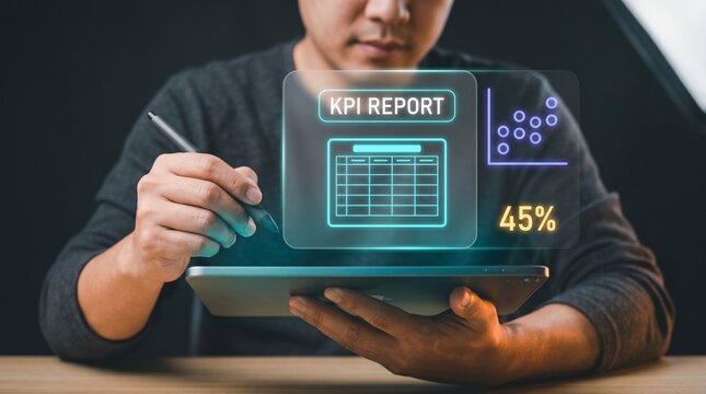 Businessman Holds Tablet and Pen to Review KPI Report, Display Data Table Grid, Show Scatter Plot Chart, Track Percentage Metric, and Analyze Business Statistics Dashboard