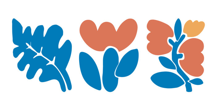 Three blue plants and abstract orange flowers.  Transparent background-01.eps