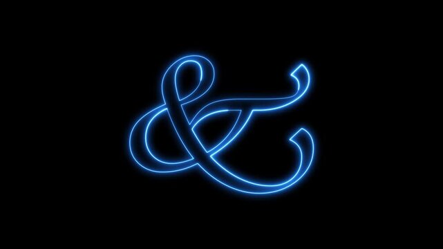 Neon blue light glowing ampersand symbol pulsing on black backdrop.