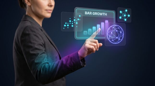 Businesswoman Touches Glowing Panel to Track Bar Growth, Display Rising Chart Icon, Show Scatter Plot Data, Connect Network Sphere, and Analyze Business Data Trend