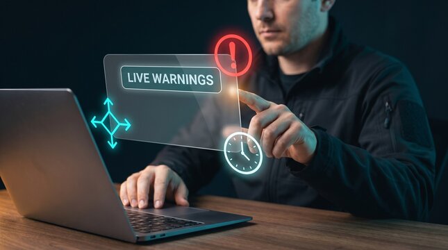 Businessman Types on Laptop and Touches Panel to Monitor Live Warnings, Trigger Exclamation Alert, Show Clock Timer, Connect Direction Arrows, and Manage System Notification