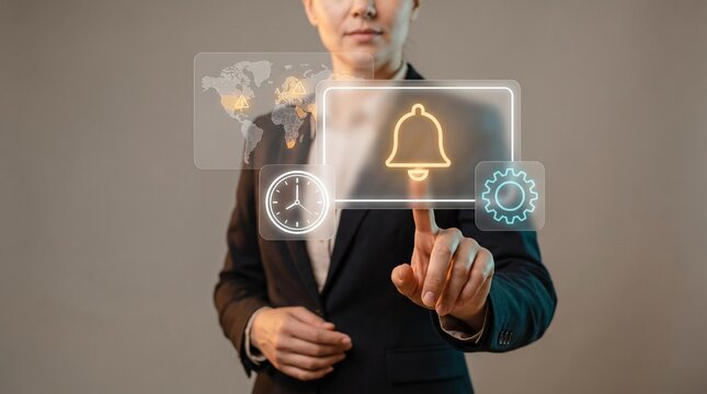 Businesswoman Touches Glowing Panel to Manage Notification System, Display Bell Alert Icon, Monitor Time Clock, Configure Settings Gear, and Connect Global World Map