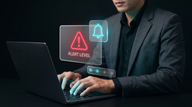 Businessman Types on Laptop at Dark Desk to Display Alert Level, Trigger Warning Triangle Icon, Show Notification Bell, Track Status Steps, and Monitor System Risk Warning
