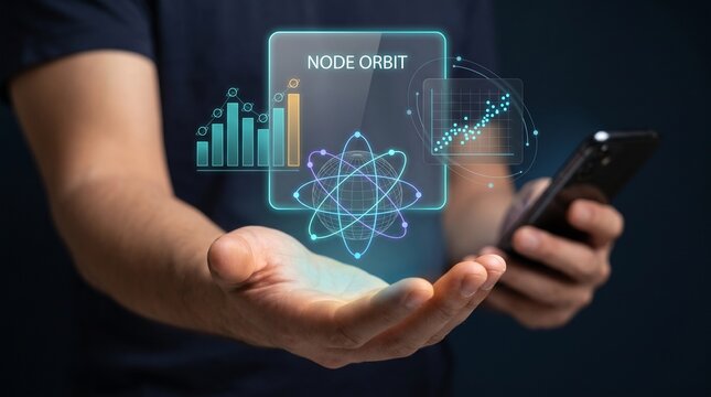 Businessman Extends Open Palm with Smartphone to Present Node Orbit, Display Atom Network Icon, Show Rising Bar Chart, Track Scatter Plot, and Analyze Business Data Connection