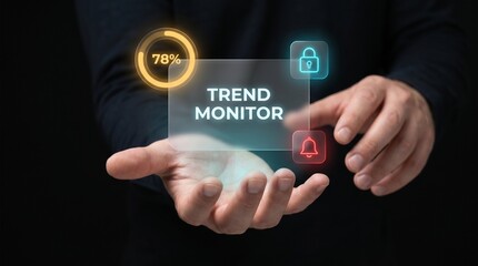 Obraz premium Businessman Extends Open Palm to Present Trend Monitor, Display Loading Percentage Ring, Show Security Lock Icon, Trigger Notification Bell, and Track Risk Protection Status