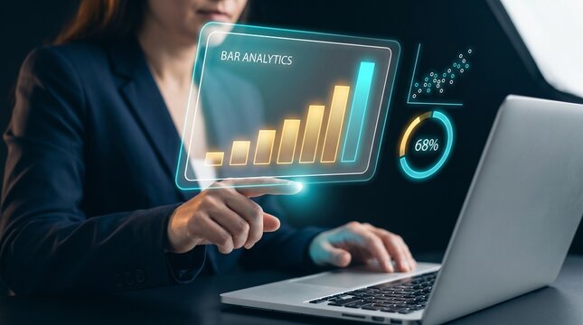 Businesswoman Types on Laptop and Touches Panel to Track Bar Analytics, Display Rising Bar Chart, Show Percentage Ring, Connect Scatter Plot, and Analyze Business Statistics Data