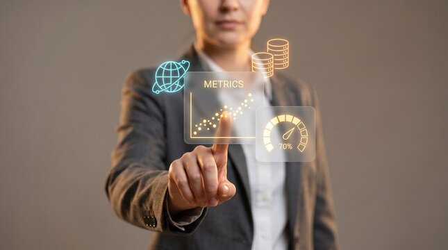 Businesswoman Touches Glowing Panel to Track Business Metrics, Display Global Globe Icon, Show Scatter Plot, Stack Finance Coins, and Monitor Speed Gauge Percentage