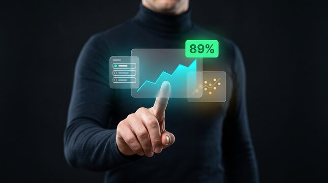 Businessman Touches Glowing Panel to Track Percentage Metrics, Display Rising Line Chart, Show Scatter Plot Data, Track Progress Ring, and Analyze Business Statistics Dashboard