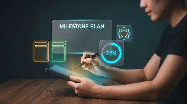 Businessman Writes with Stylus Pen on Tablet to Plan Milestone, Display Progress Percentage Ring, Configure Settings Gear, Show Task Cards, and Manage Project Schedule Workflow