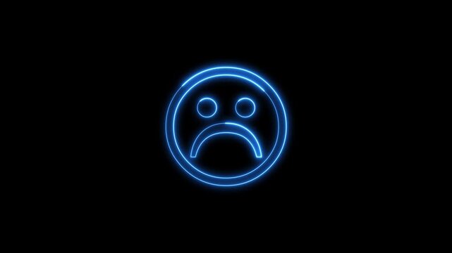 Neon blue sad face emoji pulsating on black background animation.