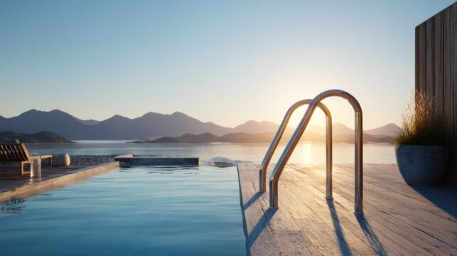 Luxurious infinity edge swimming pool overlooks vast body of water during tranquil sunset