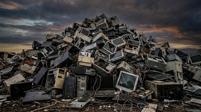 Large pile of discarded old computer monitors and electronic waste outdoors