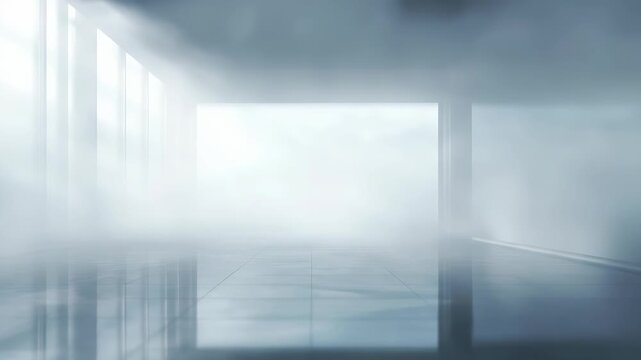 Spacious contemporary interior with glass walls and misty atmosphere evokes tranquility and modern elegance. The open layout and diffused light highlight a clean, futuristic design aesthetic