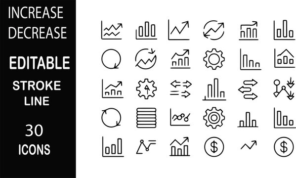 Financial and Business Data Icons: A collection of editable stroke line icons representing various financial and business data concepts, including increases, decreases, graphs, and charts.