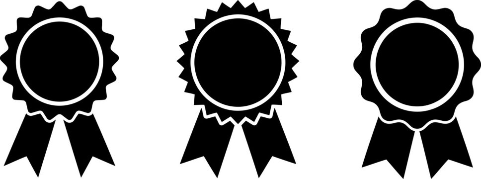 Set of three black ribbon award rosettes and prize badges